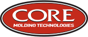 A horizontal Core Molding Technologies logo with a red oval and white text against a transparent background.