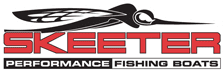 A horizontal Skeeter logo in red with a bug at the top and performance and fishing boats text at the bottom against a transparent background.